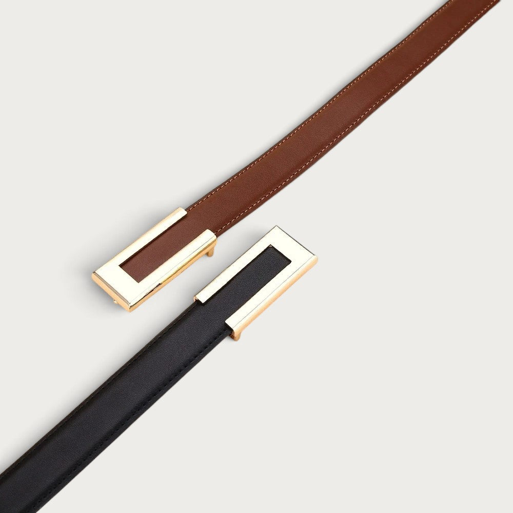 Ceintura ceinture femme Portofino en cuir cognac et noir avec boucle rectangulaire géométrique dorée