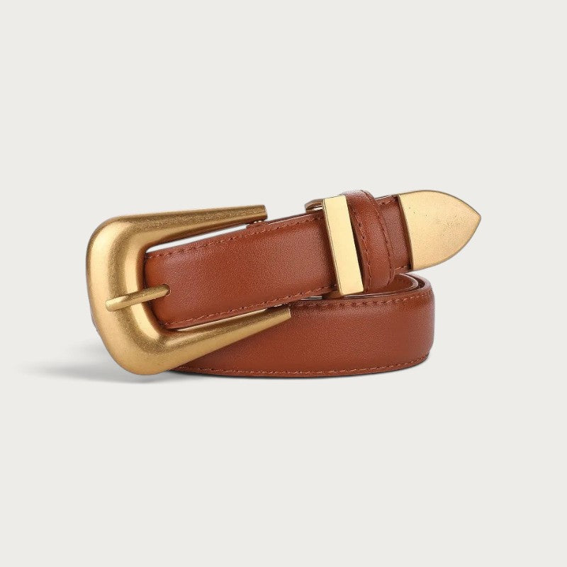 Ceinture Ceintura Sienne en cuir lisse marron avec boucle dorée sculptée au design western contemporain