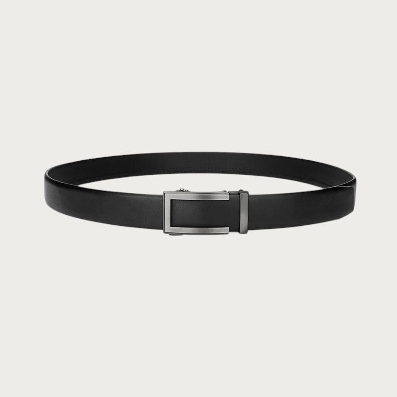 Ceinture de costume Ceintura en cuir de vachette noir avec boucle automatique rectangulaire à cliquet gris acier Image