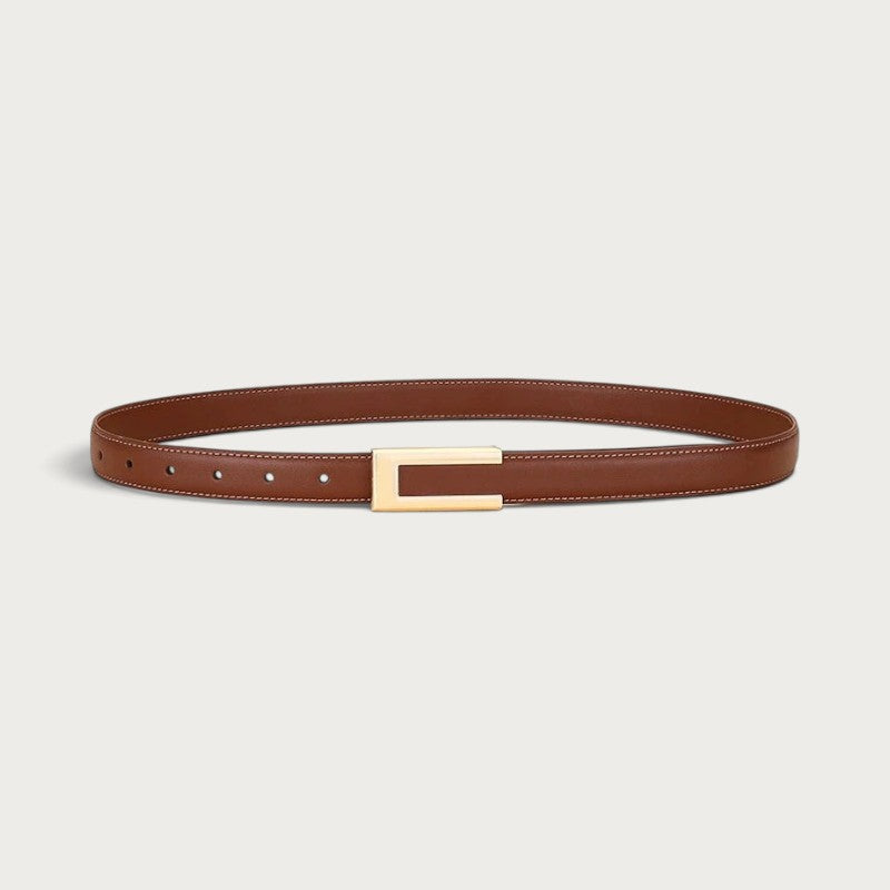 Ceinture Ceintura Portofino fine en cuir cognac avec boucle rectangulaire dorée géométrique et surpiqûres élégantes