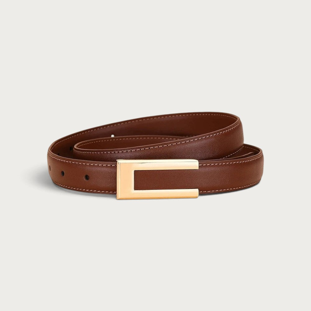 Ceinture femme Ceintura Portofino en cuir cognac avec boucle rectangulaire dorée géométrique et surpiqûres fines