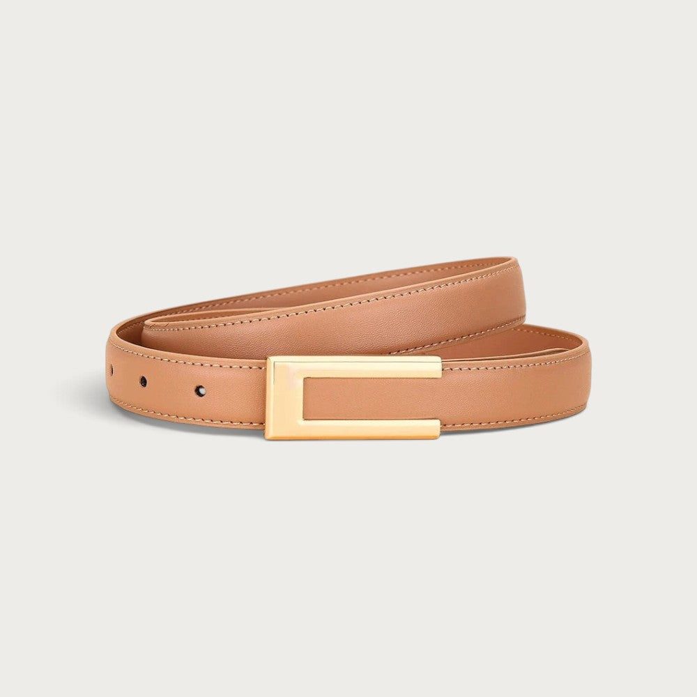 Ceinture Ceintura Portofino en cuir cognac fin avec une boucle géométrique rectangulaire dorée