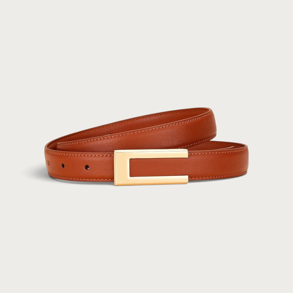 Ceinture femme Ceintura Portofino en cuir cognac avec boucle rectangulaire géométrique dorée