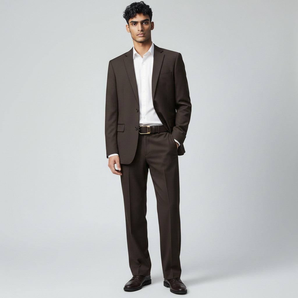 Homme portant une ceinture en cuir Ceintura avec une boucle classique sur un costume marron élégant