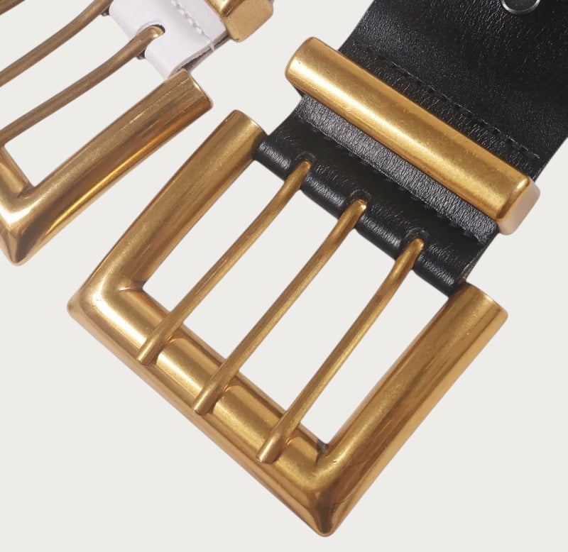 Ceintura ceinture large pour femme en cuir de vachette noir avec une boucle rectangulaire en métal bronze