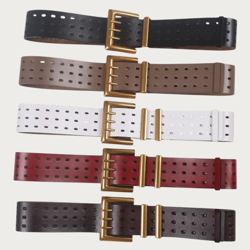 Ceintura ceinture large pour femme en cuir de vachette avec trois rangées d'œillets et boucle ardillon en bronze