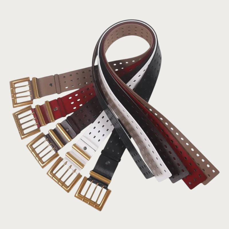 Ceintura ceinture large pour femme en cuir de vachette avec trois rangées d'œillets et boucle en bronze
