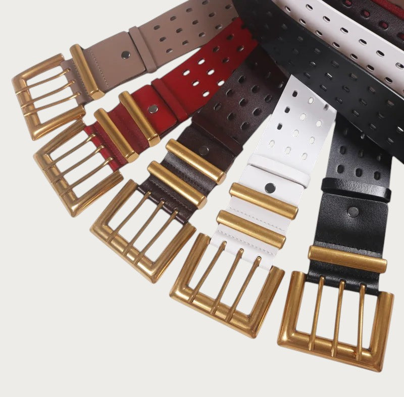 Ceintura ceinture large en cuir de vachette avec trois rangées d'œillets et boucle en bronze, disponible en 5 couleurs
