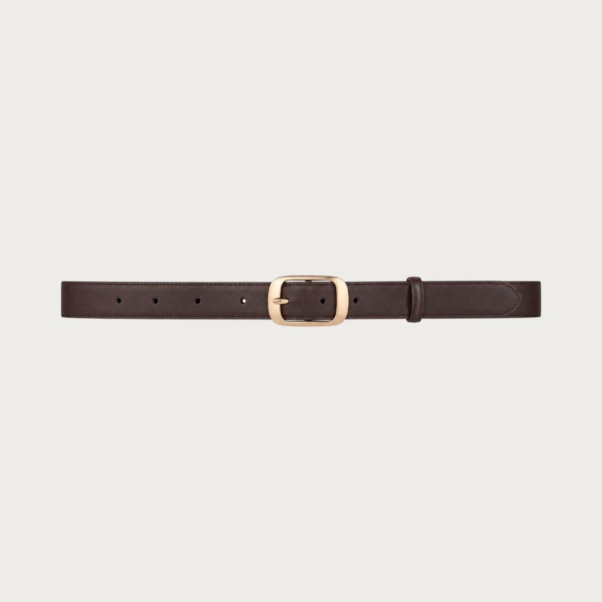 Ceinture Ceintura Vérone en cuir lisse brun foncé déployée à plat, boucle rectangulaire dorée au centre