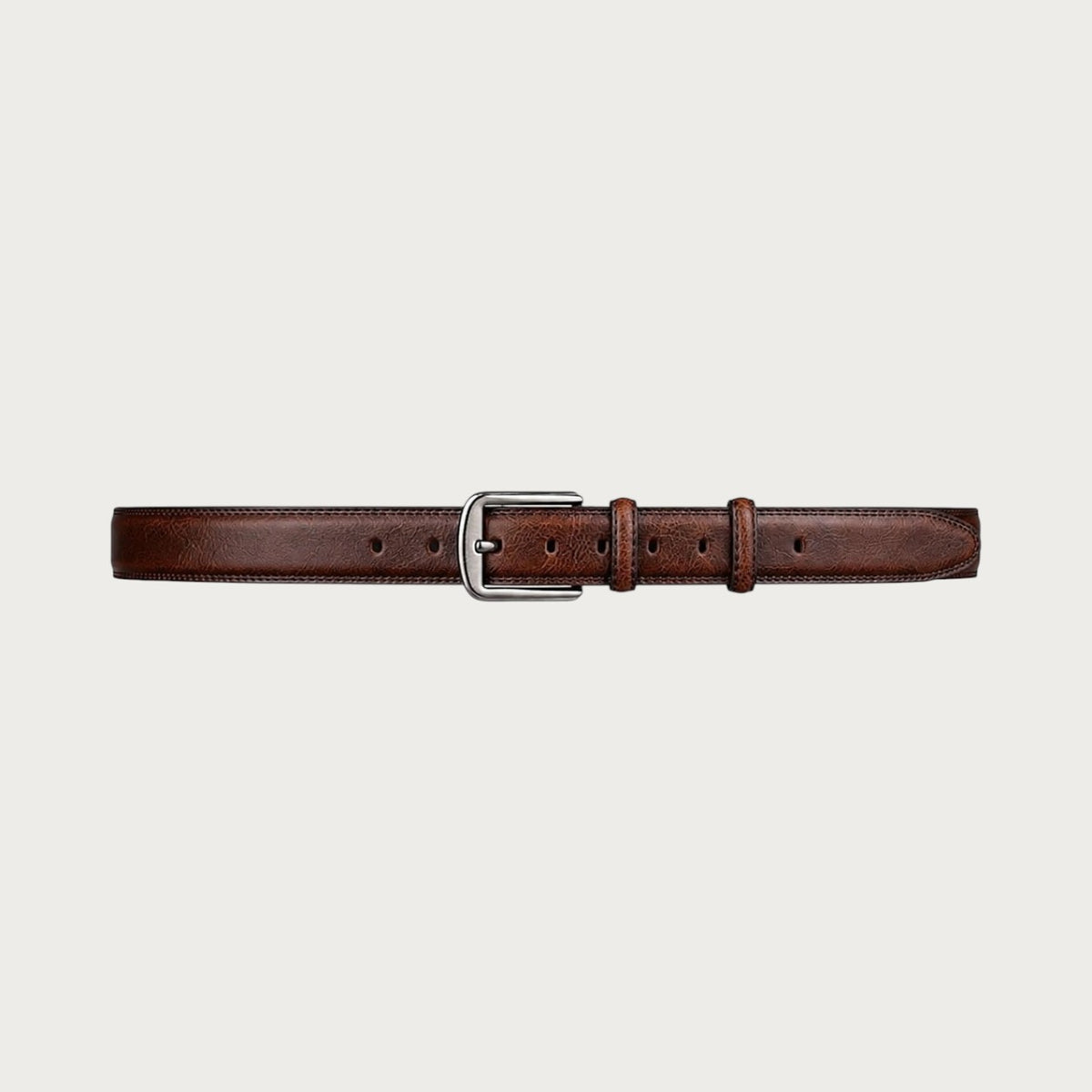 Ceinture Ceintura Savona en cuir lisse marron foncé déployée à plat, boucle ardillon argentée au centre