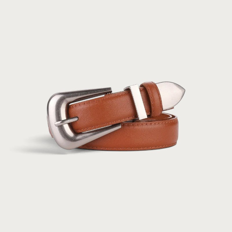 Ceinture Ceintura Venise en cuir cognac enroulée, boucle ardillon argentée et embout métallique pointu