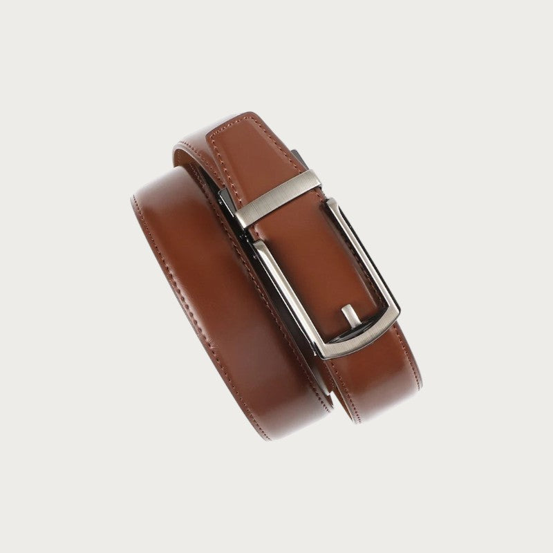 Ceinture Ceintura Pistoia en cuir cognac enroulée en deux tours, boucle rotative argentée vue de face