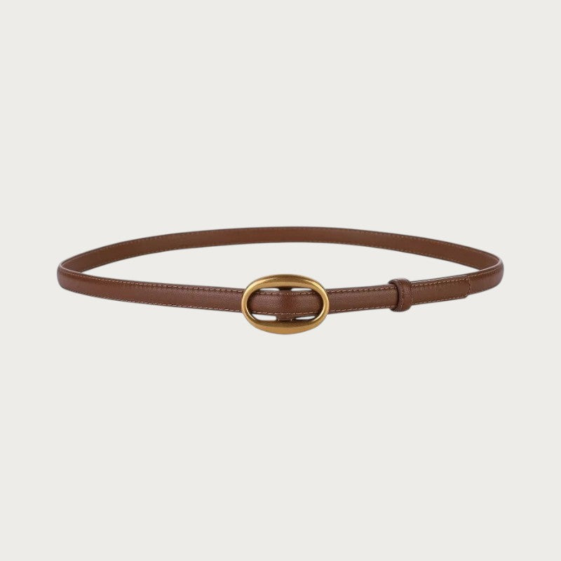 Ceinture fine Ceintura Capri en cuir chocolat refermée en cercle, boucle ovale dorée et passant assorti