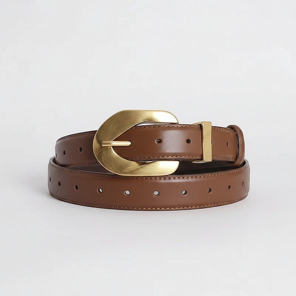 Ceintura ceinture vintage pour femme en cuir de vachette marron avec boucle ardillon en métal doré