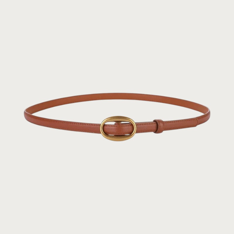 Ceinture fine Ceintura Capri en cuir cognac refermée en cercle, boucle ovale dorée minimaliste