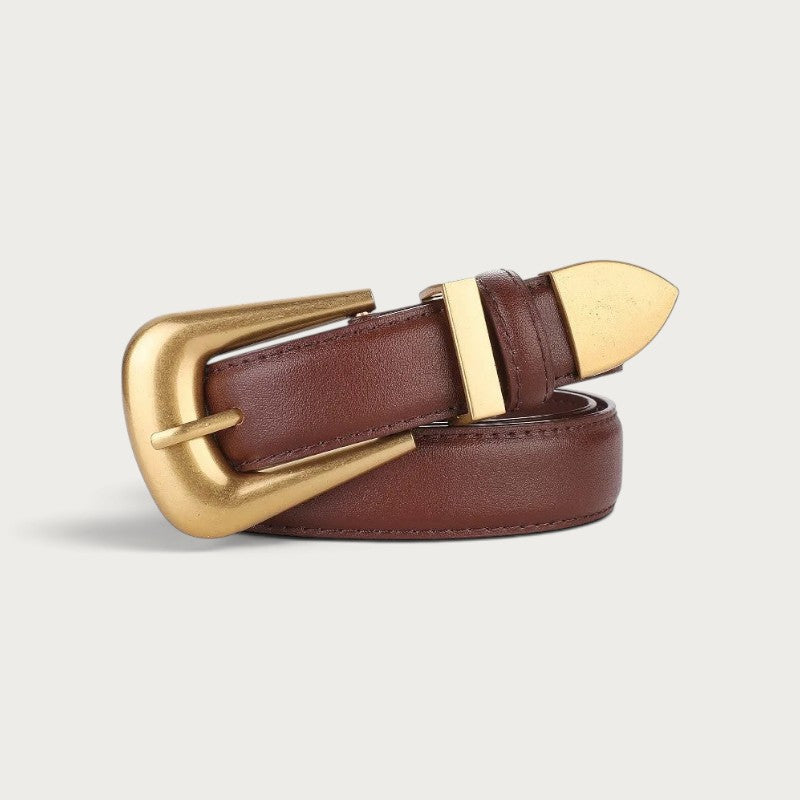 Ceinture Ceintura Sienne en cuir marron lisse avec boucle dorée sculptée au style western contemporain