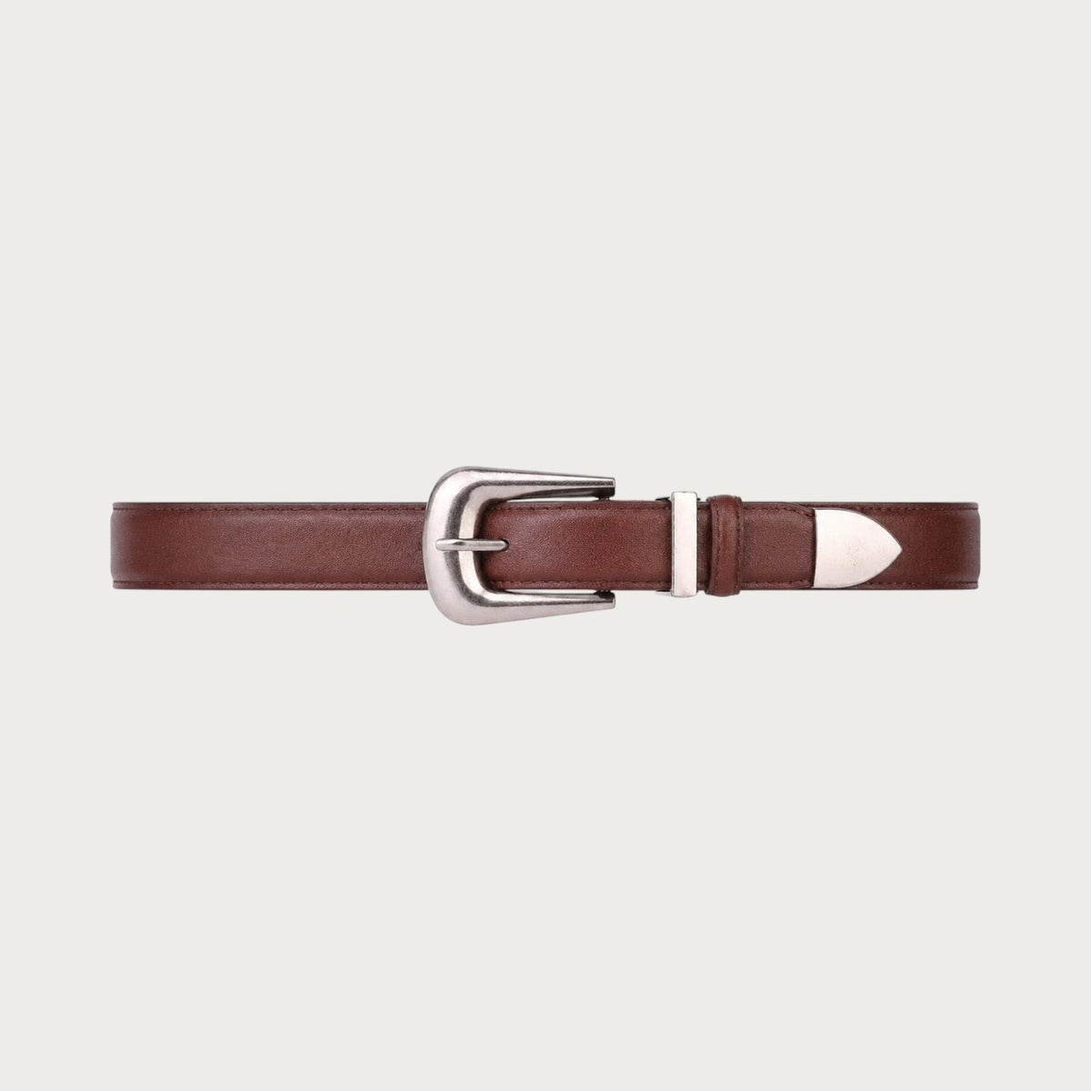 Ceinture Ceintura Venise en cuir marron avec boucle arrondie en fer à cheval finition argentée satinée