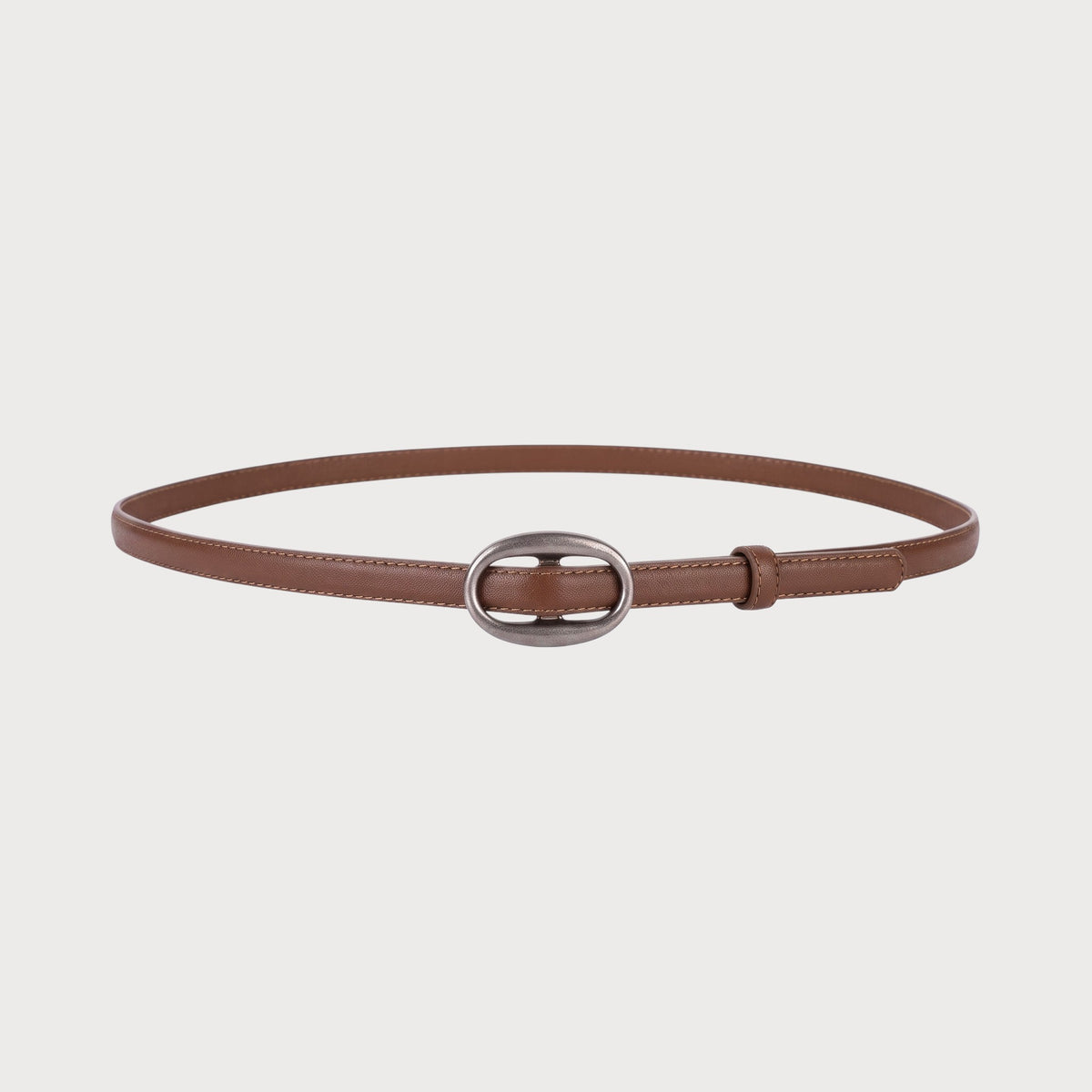Ceinture fine en cuir marron Ceintura avec boucle ovale en argenté brossé pour femme