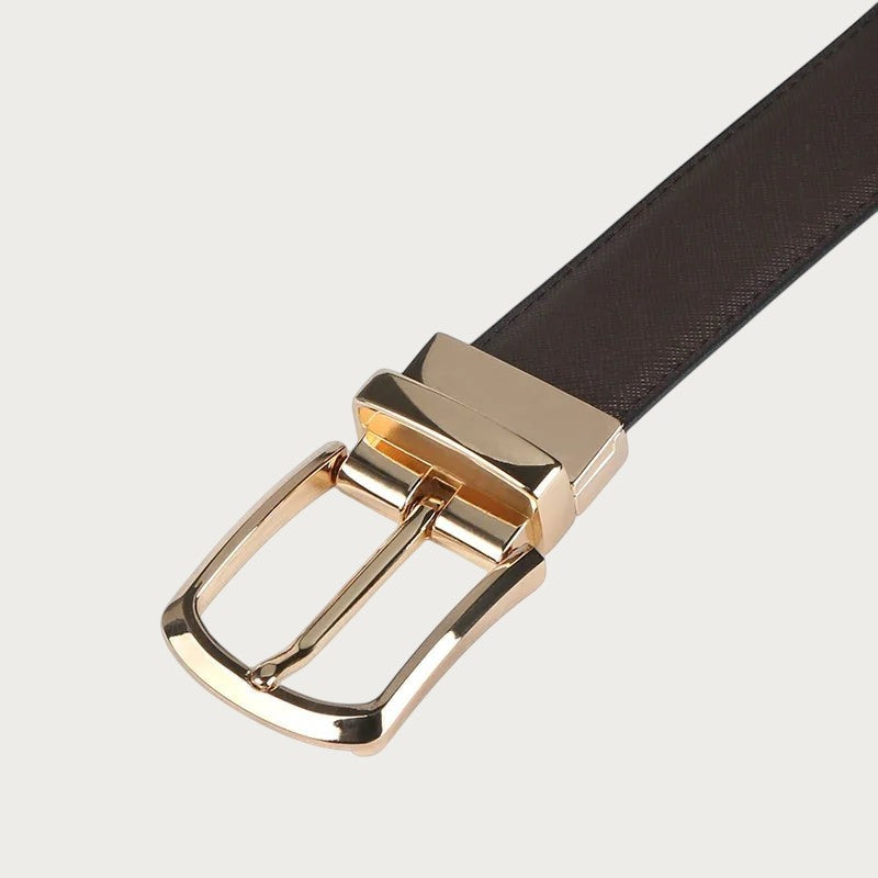Ceinture pour homme Ceintura en cuir véritable marron avec boucle ardillon rotative dorée pour un style polyvalent Image