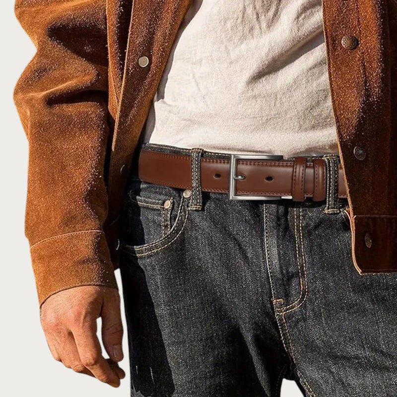 Ceinture casual Ceintura en cuir marron pour homme avec boucle ardillon rectangulaire en métal argenté