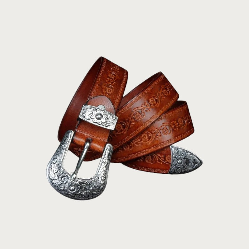 Ceintura ceinture homme en cuir marron avec boucle en acier gravée style western et détails floraux embossés