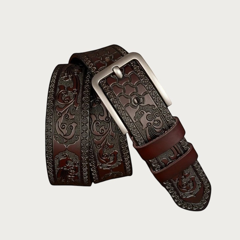Ceintura ceinture unisexe en cuir marron avec motifs gravés style western et boucle en alliage argenté Image