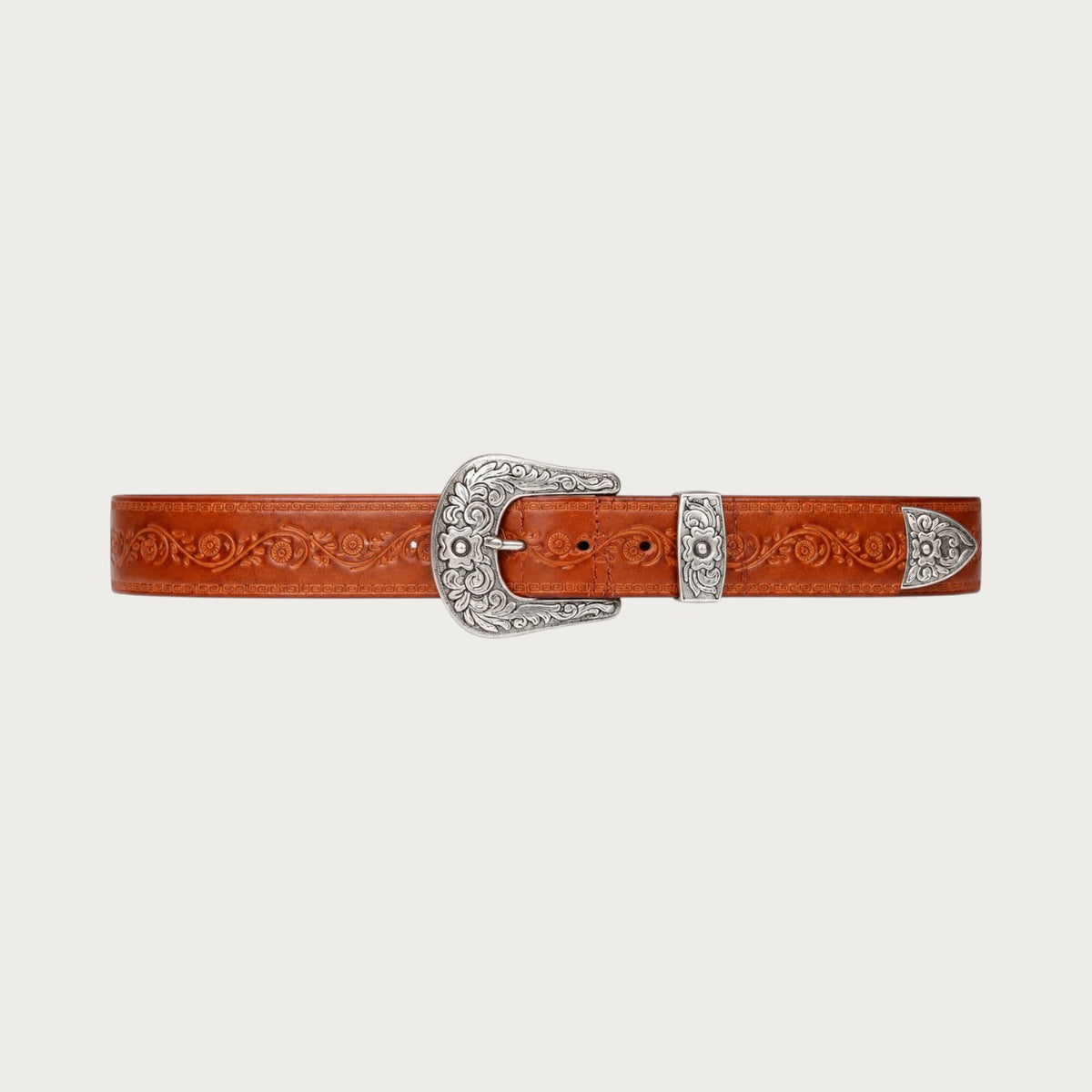 Ceintura ceinture homme en cuir marron avec boucle en acier gravée style western et motifs floraux en relief