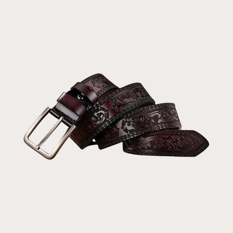 Ceinture Ceintura en cuir fendu marron avec motifs floraux gravés et boucle en alliage style western rétro