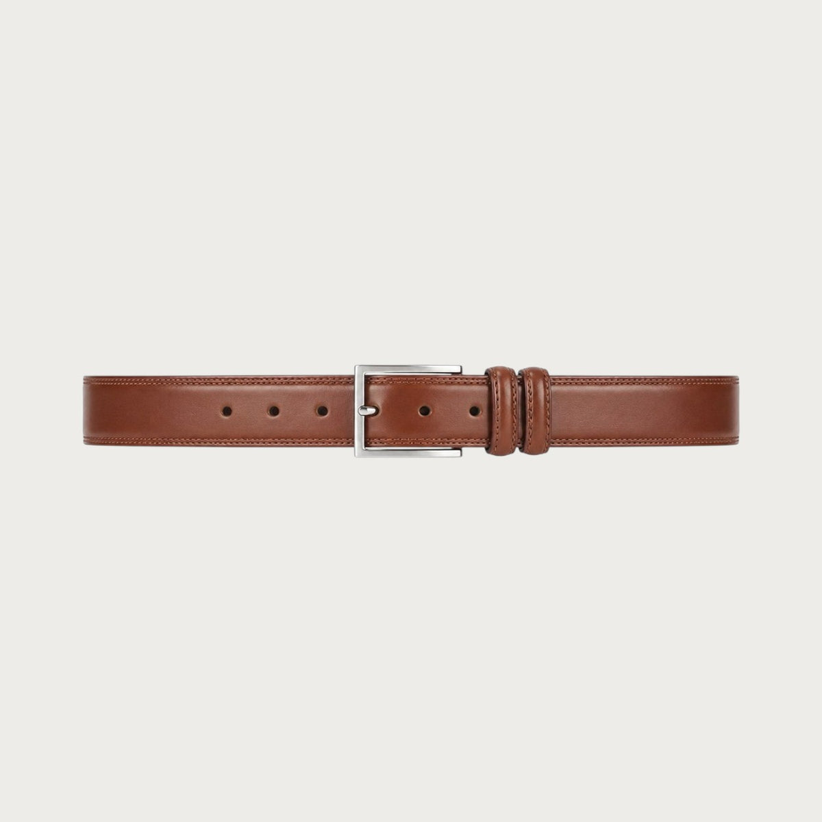 Ceinture Ceintura Brindisi en cuir marron déployée à plat, boucle ardillon argentée au centre