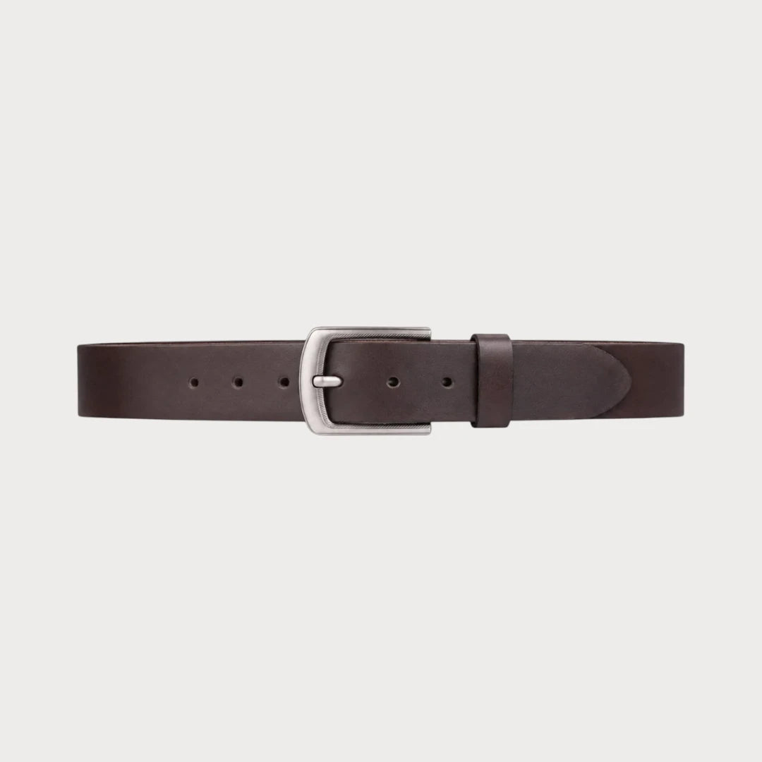 Ceinture Ceintura en cuir de vachette pleine fleur brun foncé à plat, boucle ardillon argentée au centre