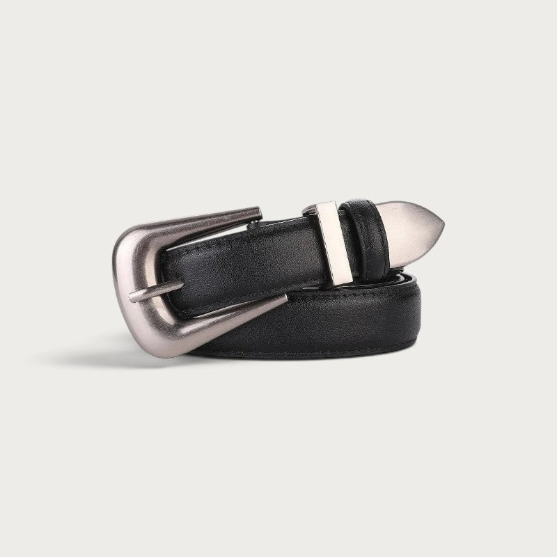 Ceinture Ceintura pour femme en cuir noir avec une boucle ardillon en métal argenté au design élégant Image