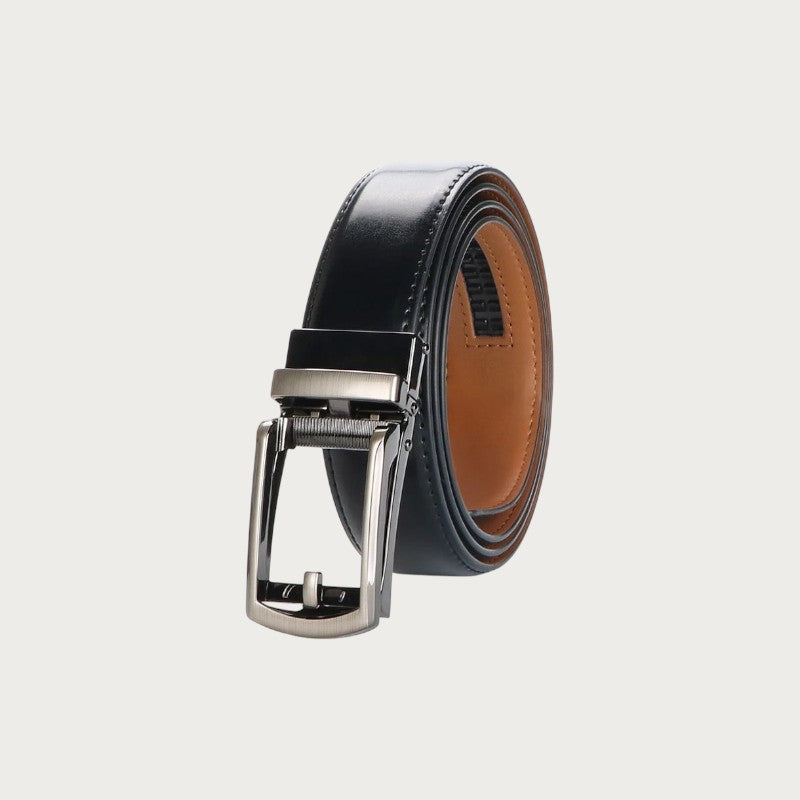 Ceinture Ceintura Pistoia en cuir noir enroulée, boucle rotative argentée et doublure caramel apparente