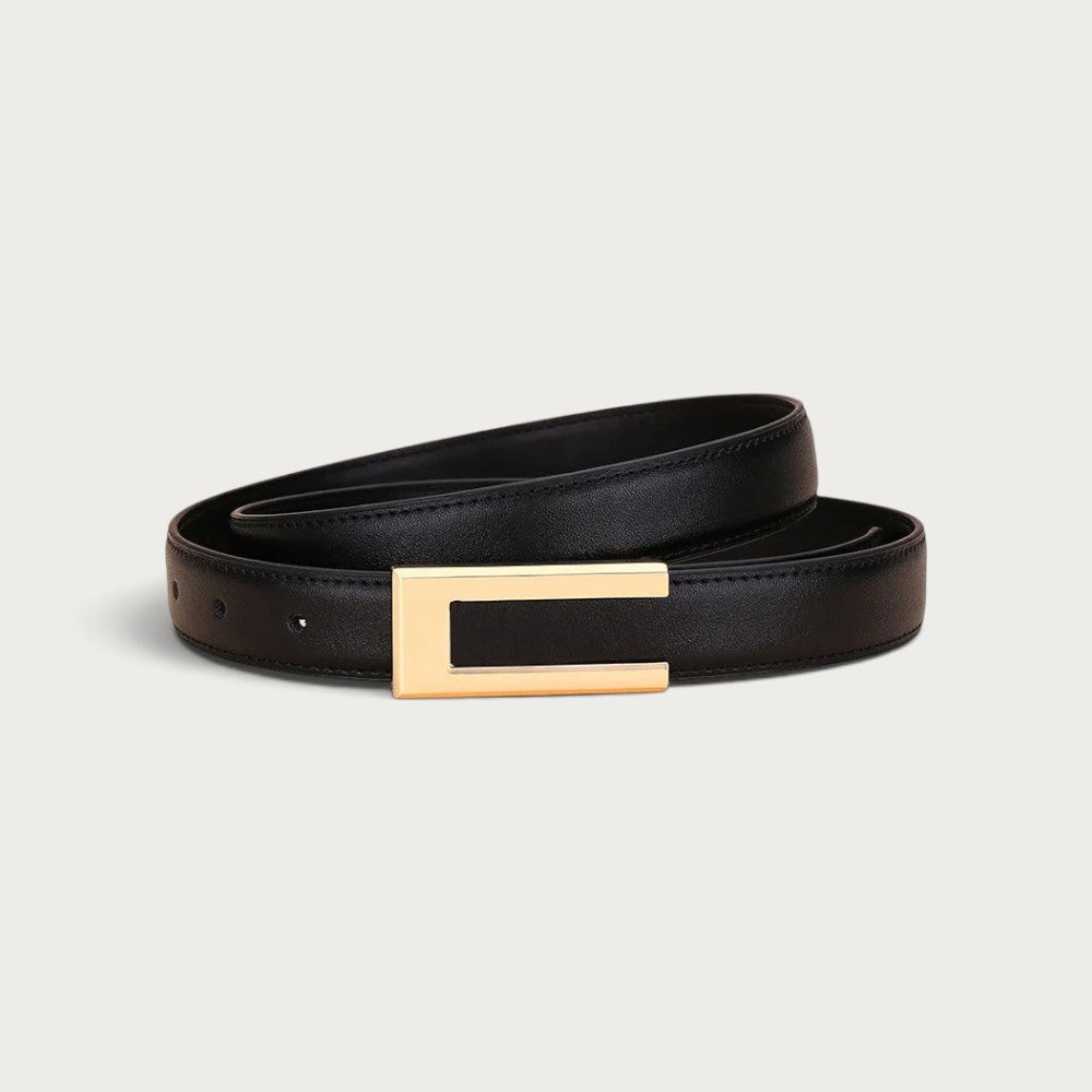 Ceinture femme Ceintura en cuir noir avec boucle rectangulaire dorée au design géométrique architectural