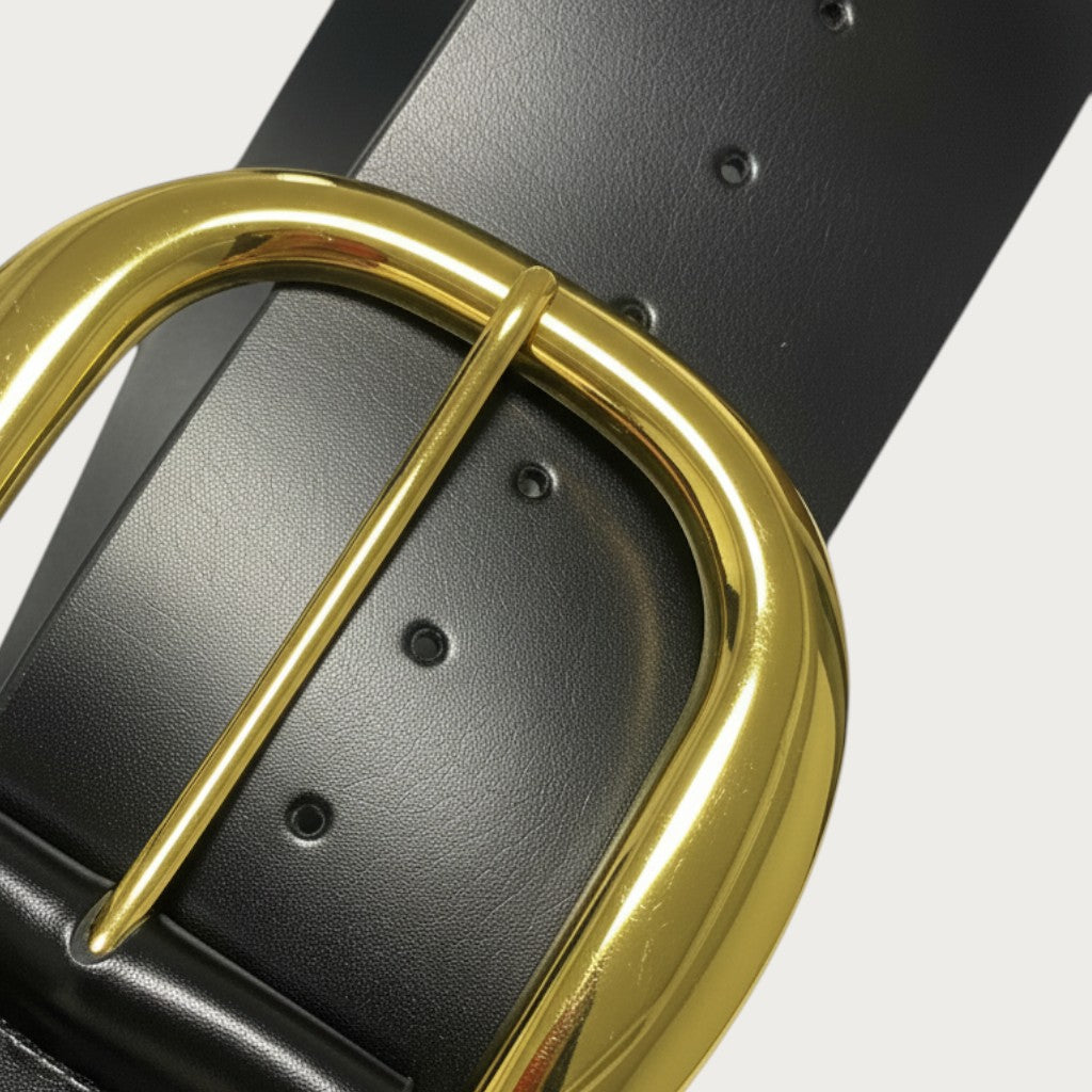 Ceintura ceinture large pour femme en cuir de vachette noir avec une grande boucle dorée élégante