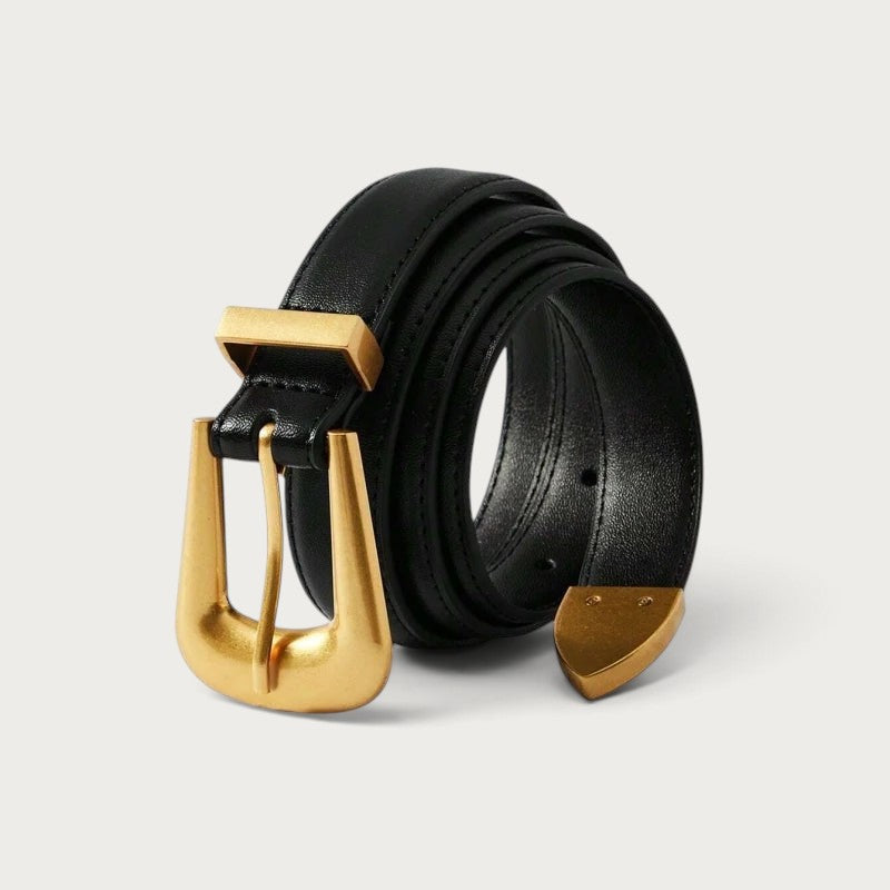 Ceinture Ceintura Sienne en cuir noir lisse avec boucle dorée sculptée au design western raffiné