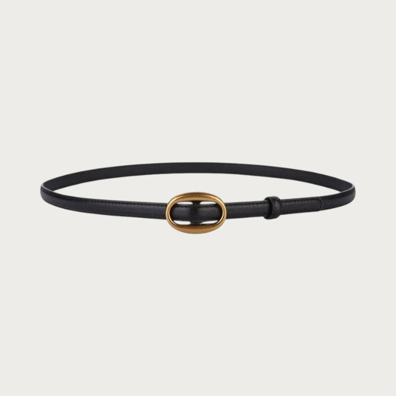 Ceinture Ceintura Capri fine en cuir noir pour femme avec une boucle ovale dorée minimaliste