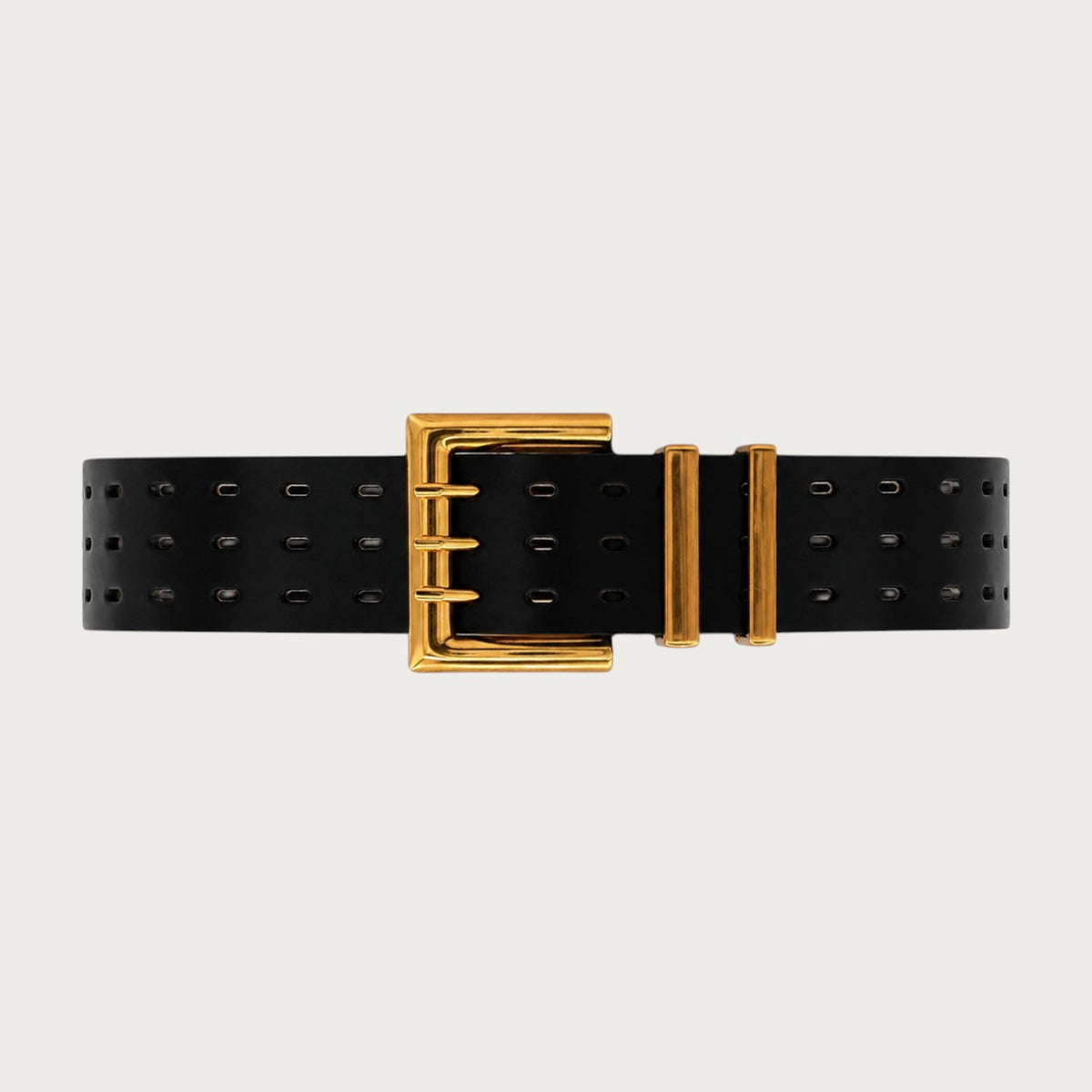 Ceinture large en cuir noir Ceintura avec trois rangées d'œillets et une boucle ardillon rectangulaire en bronze doré