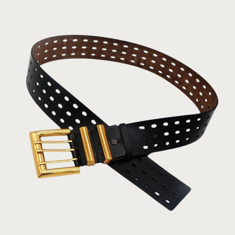 Ceinture large en cuir noir Ceintura avec trois rangées d'œillets et une boucle ardillon rectangulaire en bronze