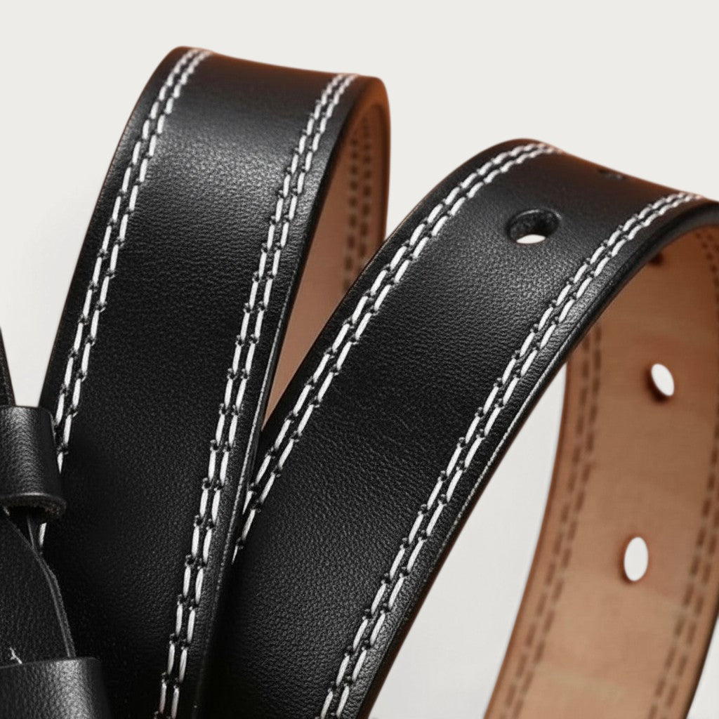 Ceinture Ceintura Amalfi en cuir noir pour femme avec surpiqûres blanches contrastantes et boucle argentée