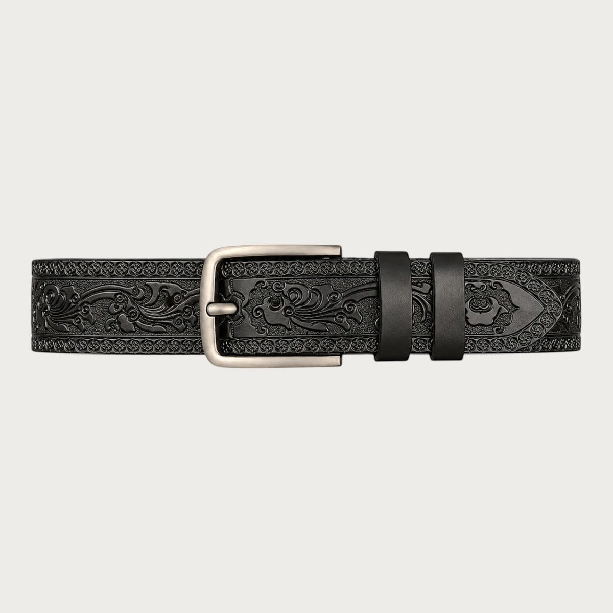 Ceintura ceinture en cuir noir pour homme et femme avec motif floral gravé et boucle en alliage style western rétro Image