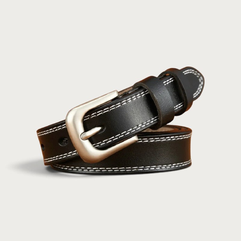 Ceinture Ceintura Amalfi noire en cuir pour femme avec surpiqûres blanches et boucle argentée classique