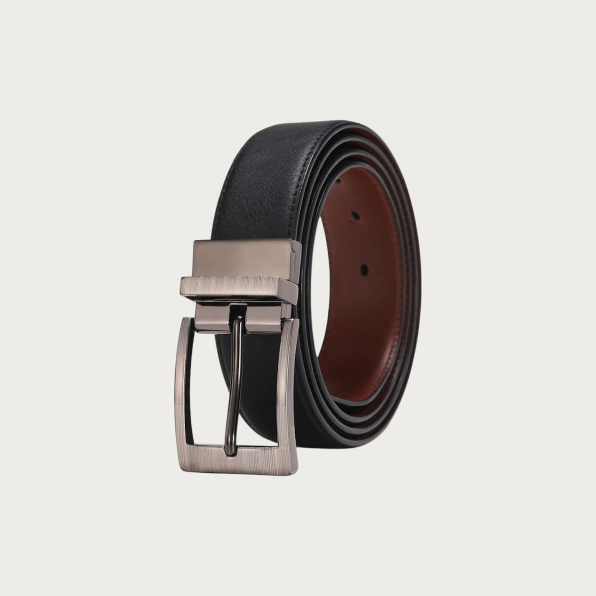 Ceinture Ceintura réversible en cuir souple noir et marron avec boucle rotative rectangulaire à finition mate brossée Image