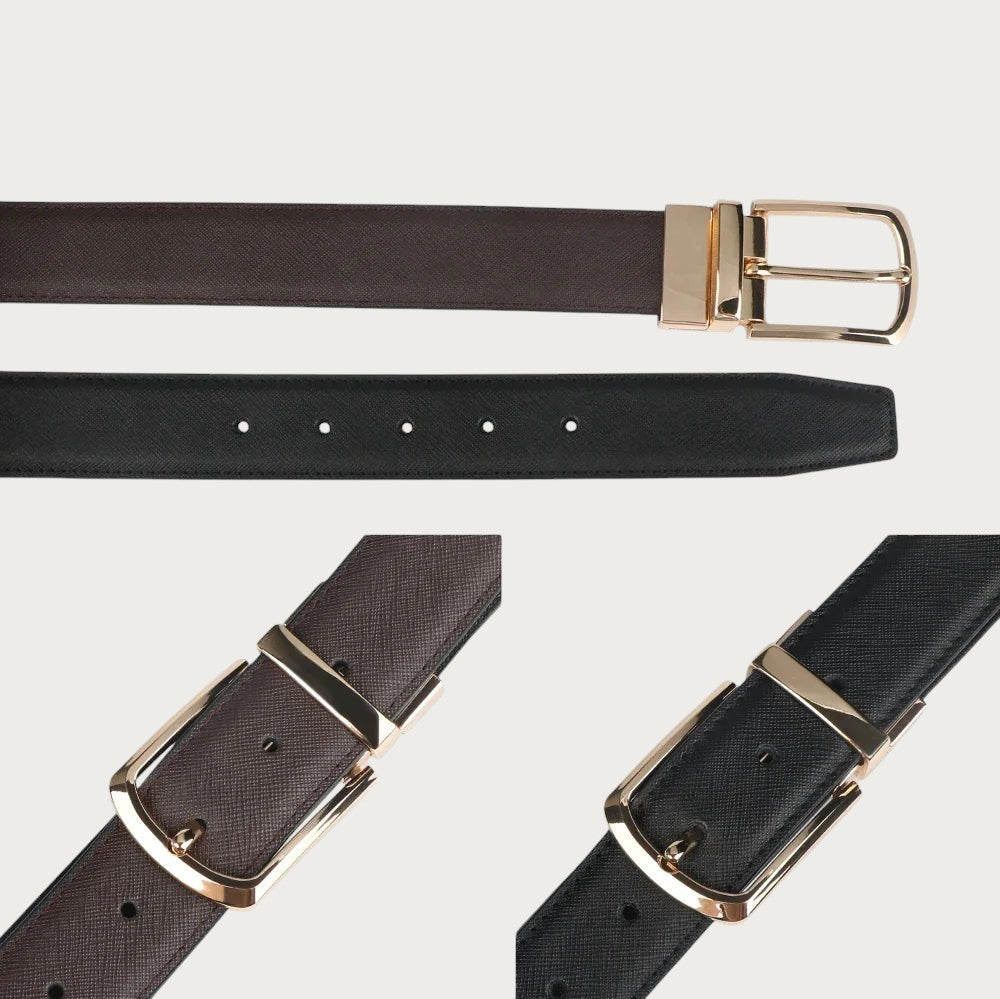 Ceintura ceinture homme réversible en cuir véritable marron et noir avec boucle ardillon rotative en alliage doré Image