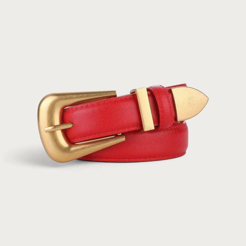 Ceinture Ceintura Sienne en cuir rouge lisse pour femme avec une boucle dorée sculptée au style western moderne