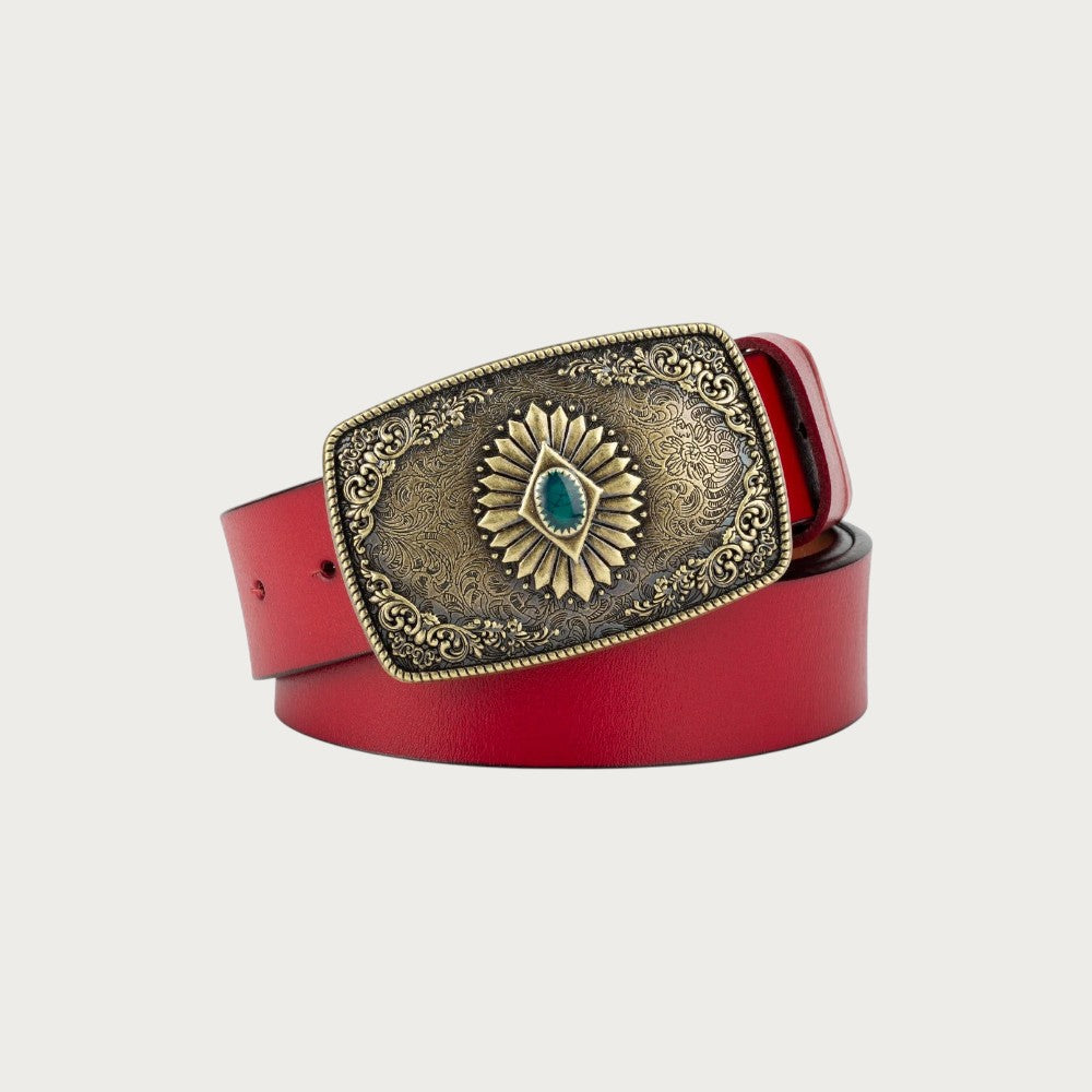 Ceinture Ceintura Taranto en cuir rouge avec une large boucle western dorée ciselée et pierre turquoise centrale