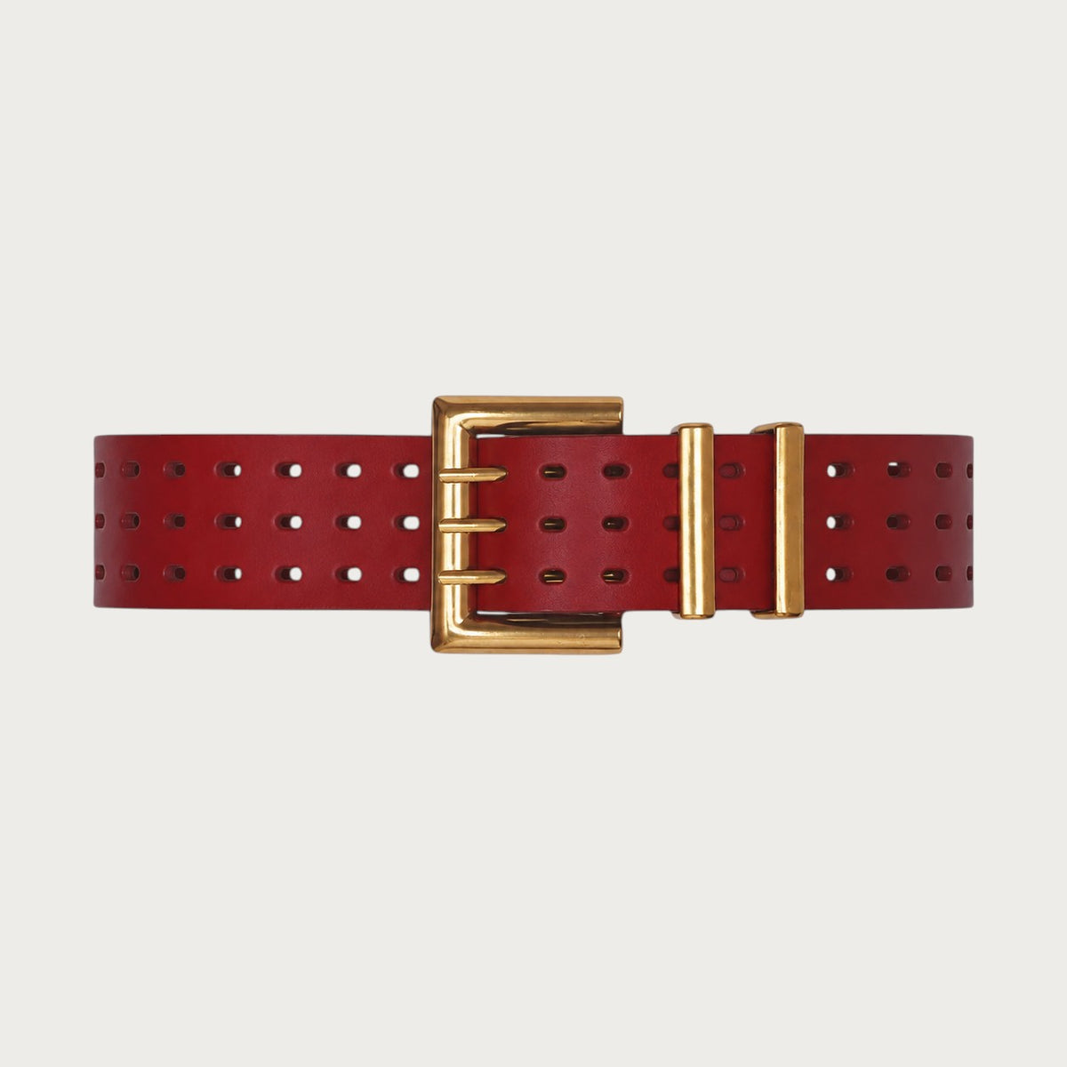Ceinture large rouge en cuir de vachette avec boucle ardillon en bronze et trois rangées d'œillets par Ceintura