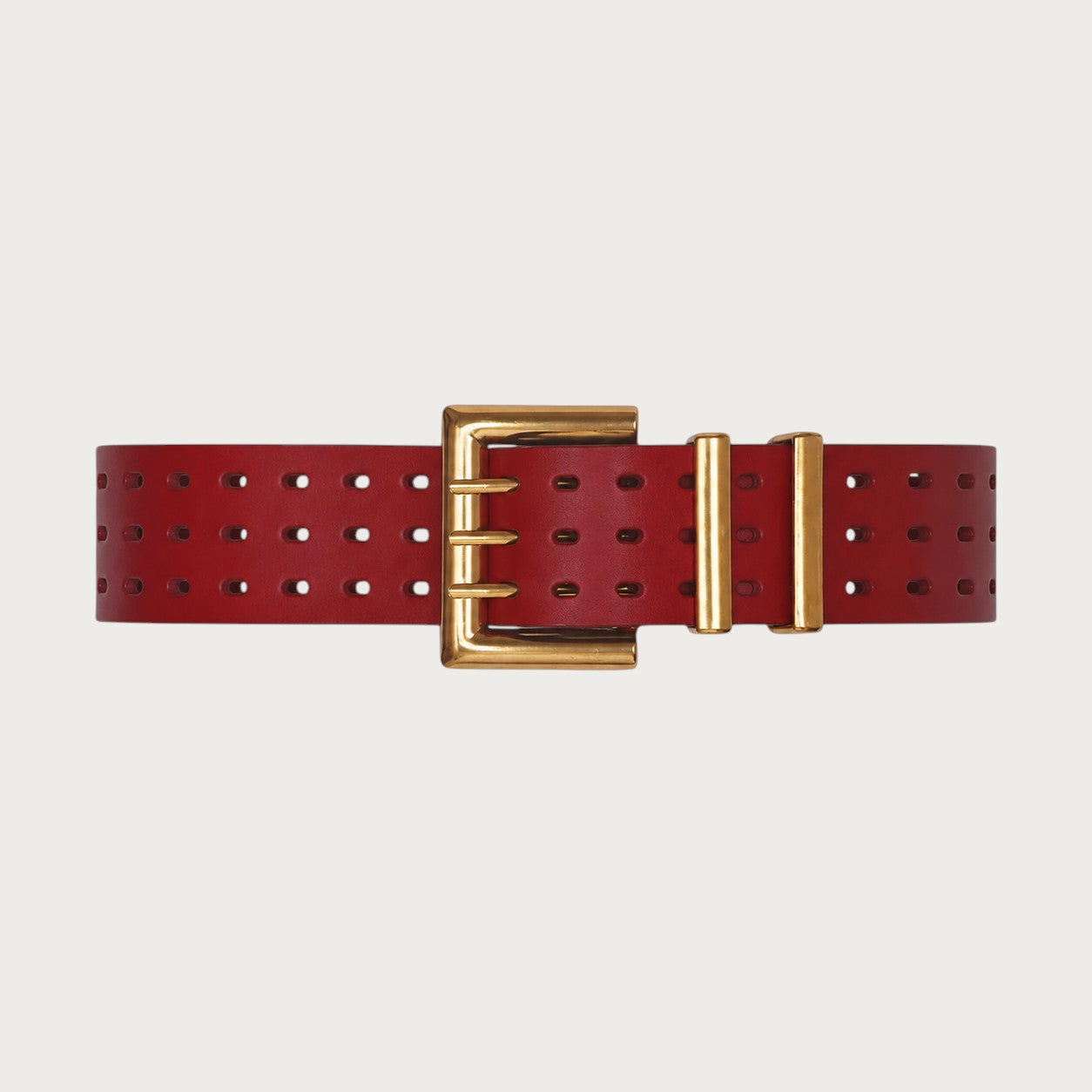 Ceinture large rouge en cuir de vachette avec boucle ardillon en bronze et trois rangées d'œillets par Ceintura Image