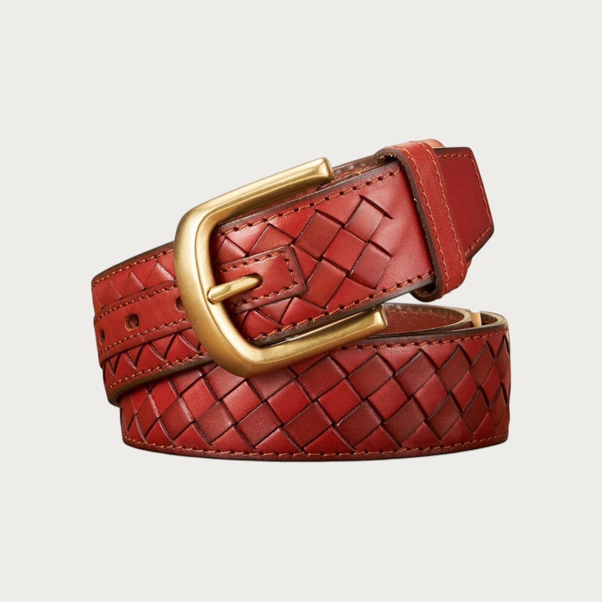 Ceinture large Ceintura en cuir tressé brun rouge avec boucle rectangulaire en laiton vieilli