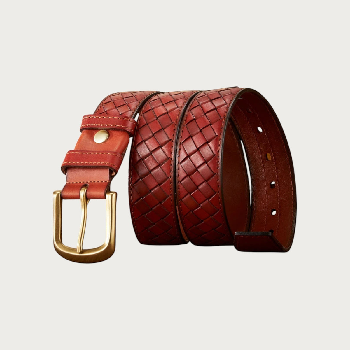 Ceinture large Ceintura Fortuna en cuir tressé brun rouge avec boucle rectangulaire en laiton vieilli