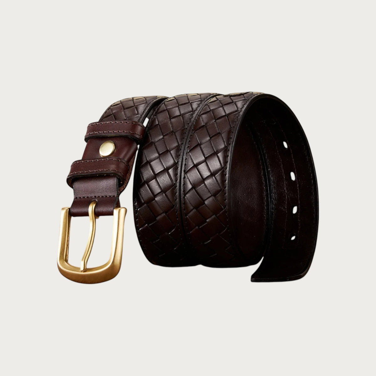Ceinture large Ceintura Fortuna en cuir tressé café avec boucle rectangulaire en laiton vieilli